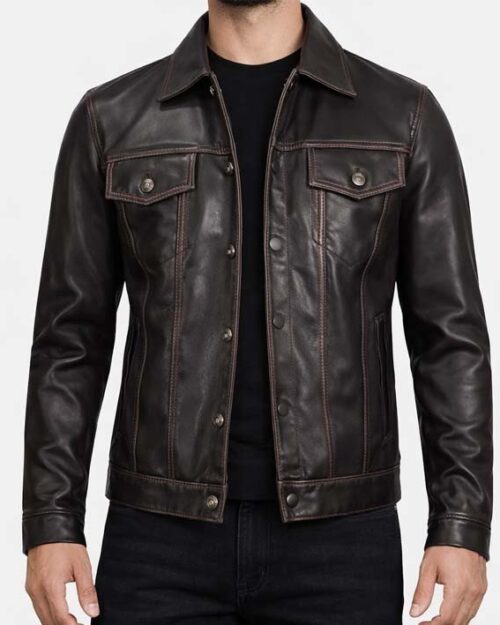 Men’s Dark Brown Leather Trucker Jacket