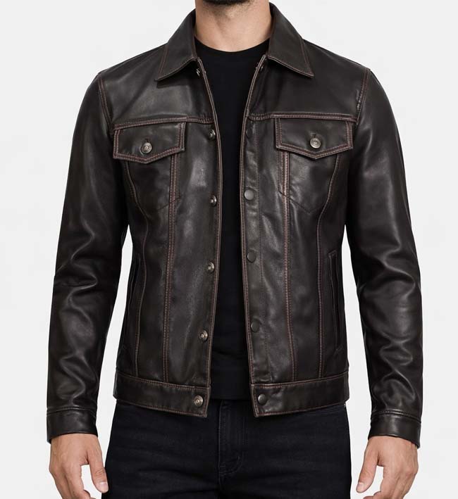 Men’s Dark Brown Leather Trucker Jacket