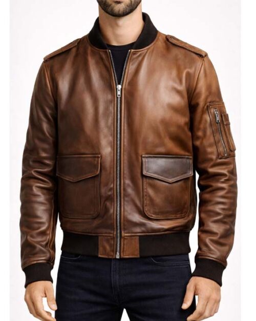 Men’s Distressed Brown Vintage Leather Bomber Jacket