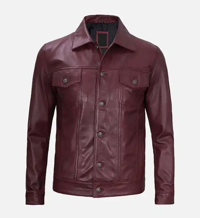 Men’s Maroon Leather Trucker Jacket - Image 2