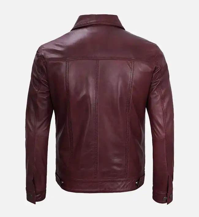 Men’s Maroon Leather Trucker Jacket - Image 3