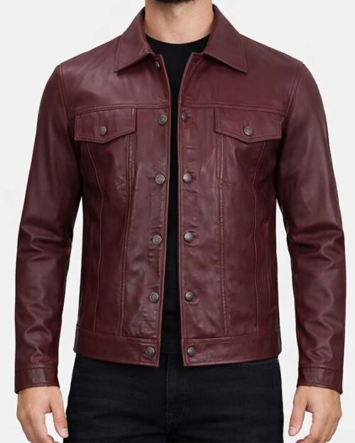 Men’s Maroon Leather Trucker Jacket
