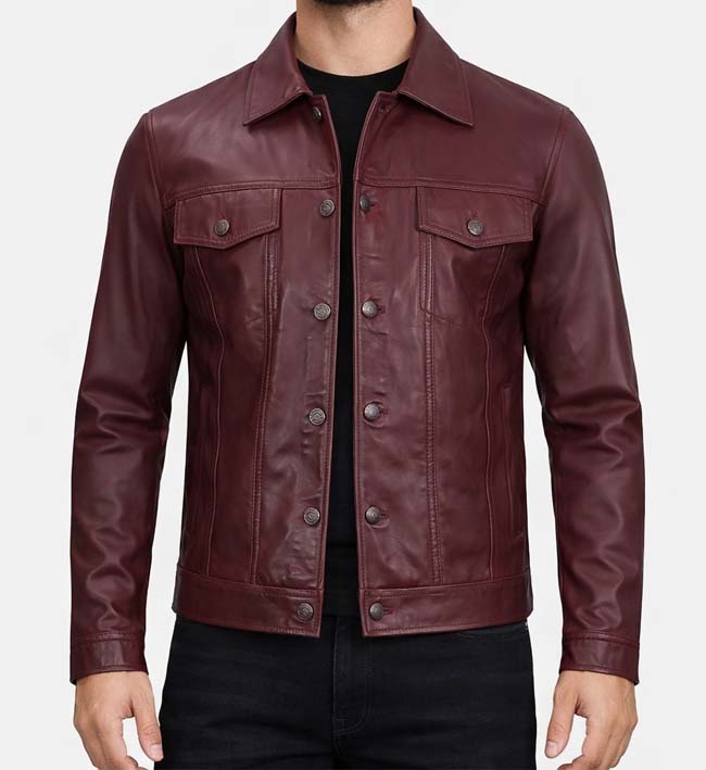 Men’s Maroon Leather Trucker Jacket
