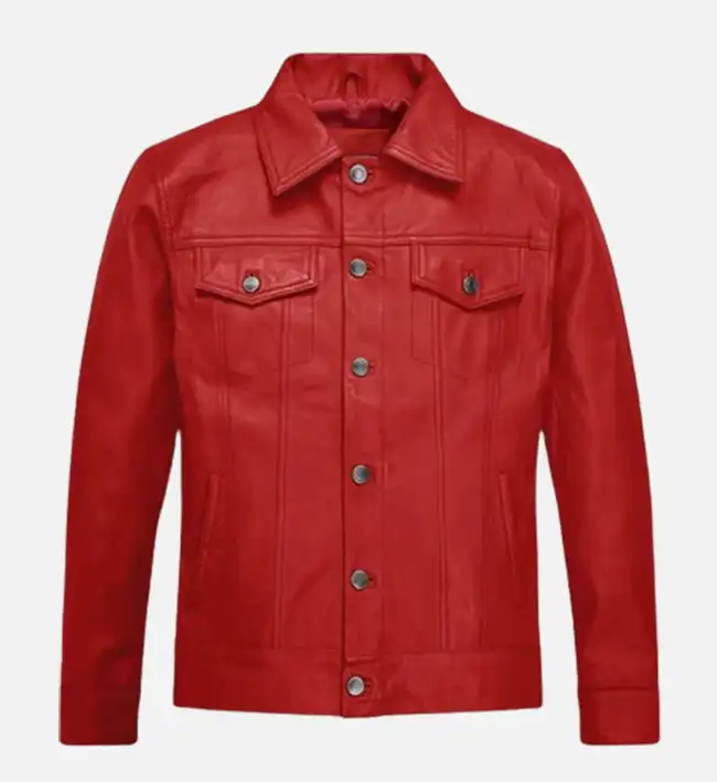 Men’s Red Trucker Leather Jacket – Bold Color, Classic Streetwear Vibe