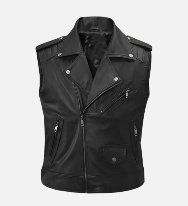 Men’s Road Sovereign Black Leather Vest – Command the Ride with Elite Style