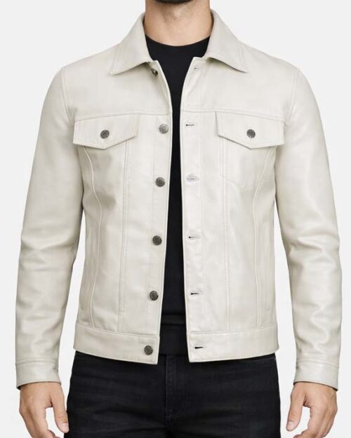 Men’s White Real Leather Trucker Jacket