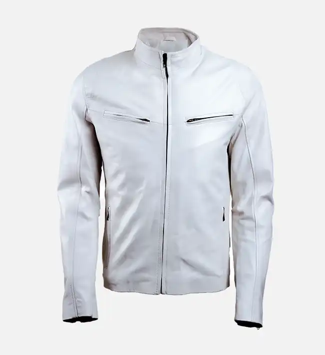 Men’s White Slim Fit Leather Jacket – Front Zip Genuine Leather Jacket