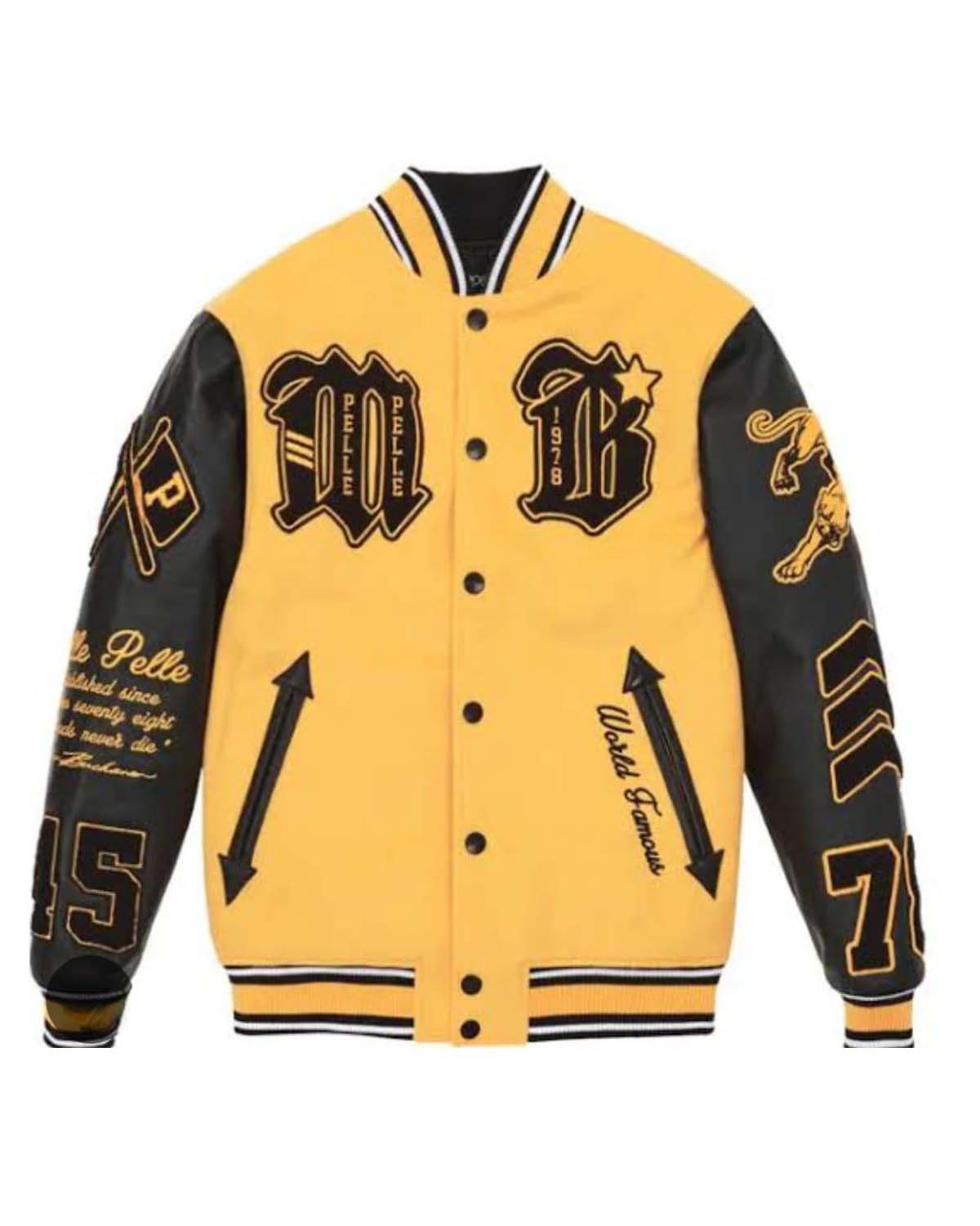 New Pelle Pelle Men’s Varsity Jacket in Black & Gold – Luxury Leather Streetwear