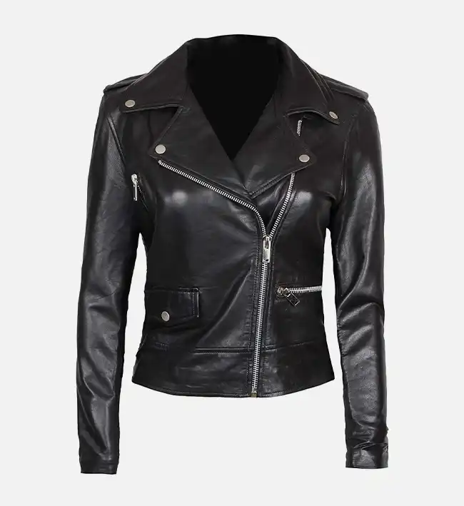 Women’s Asymmetrical Black Leather Biker Jacket - Image 2