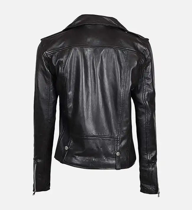 Women’s Asymmetrical Black Leather Biker Jacket - Image 3