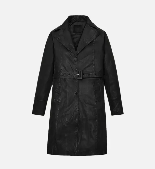 Women’s Asymmetrical Black Leather Long Coat – Bold, Sleek & Timeless