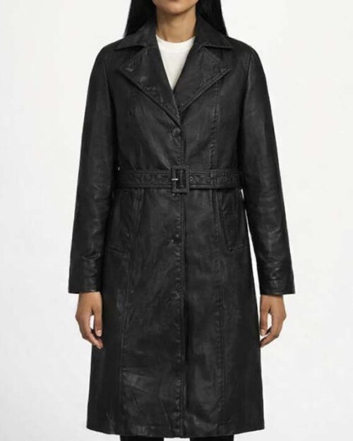 Women’s Asymmetrical Black Leather Long Coat
