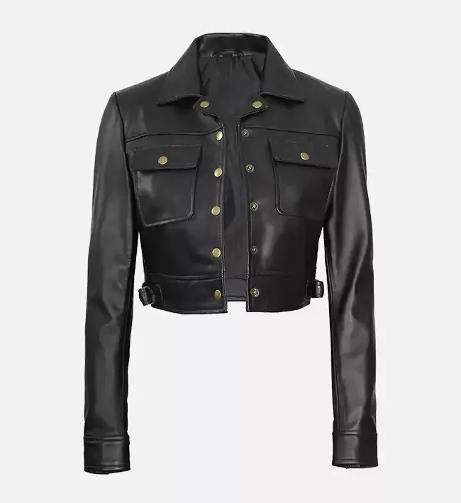 Women’s Black Cropped Leather Trucker Jacket - Image 2
