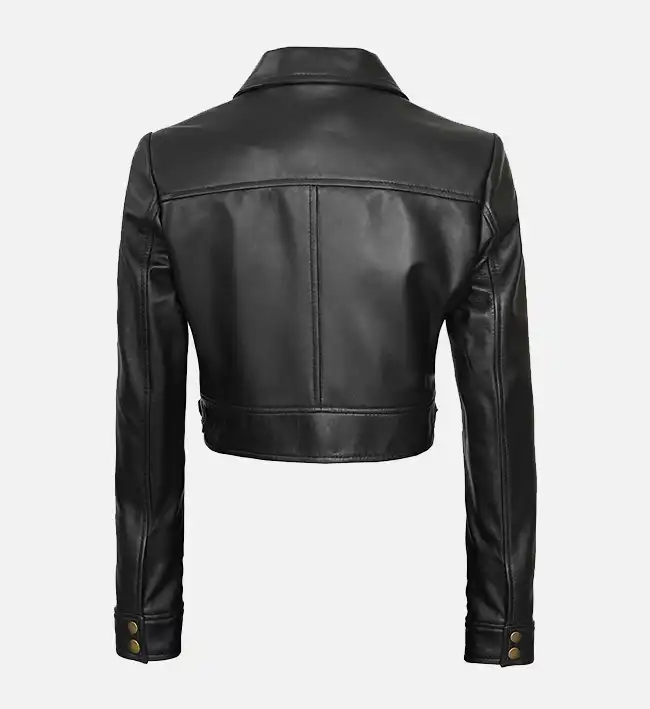 Women’s Black Cropped Leather Trucker Jacket - Image 3