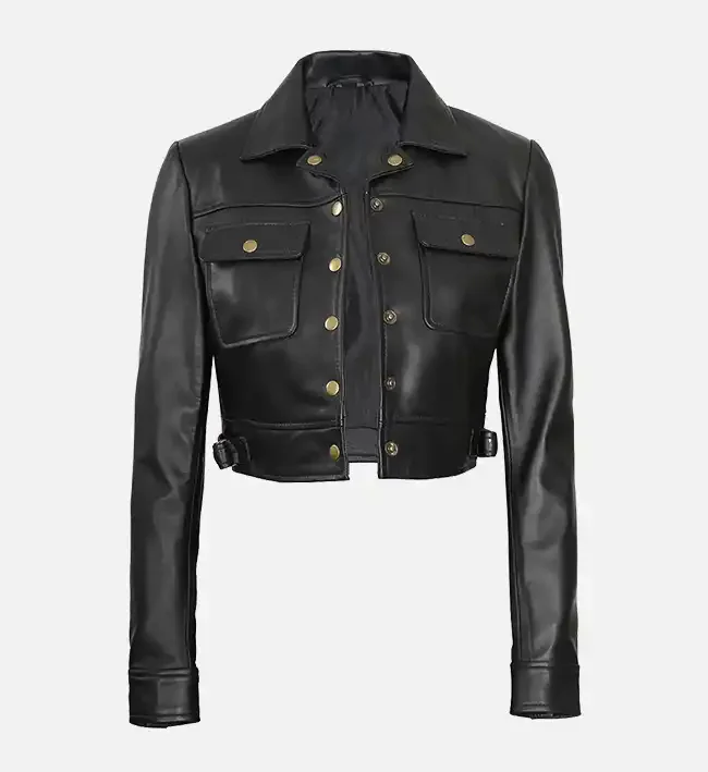 Women’s Black Cropped Leather Trucker Jacket – Bold, Modern & Stylish