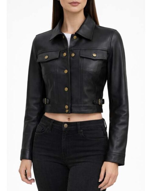 Women’s Black Cropped Leather Trucker Jacket