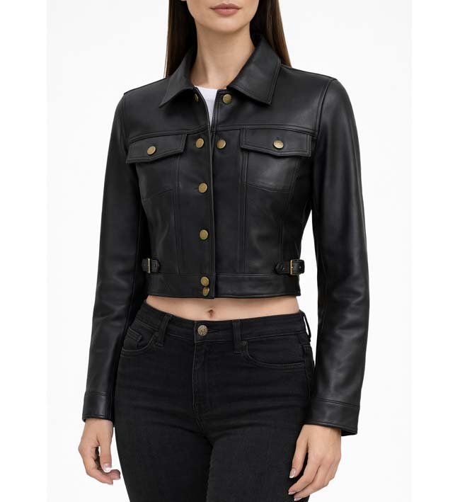 Women’s Black Cropped Leather Trucker Jacket