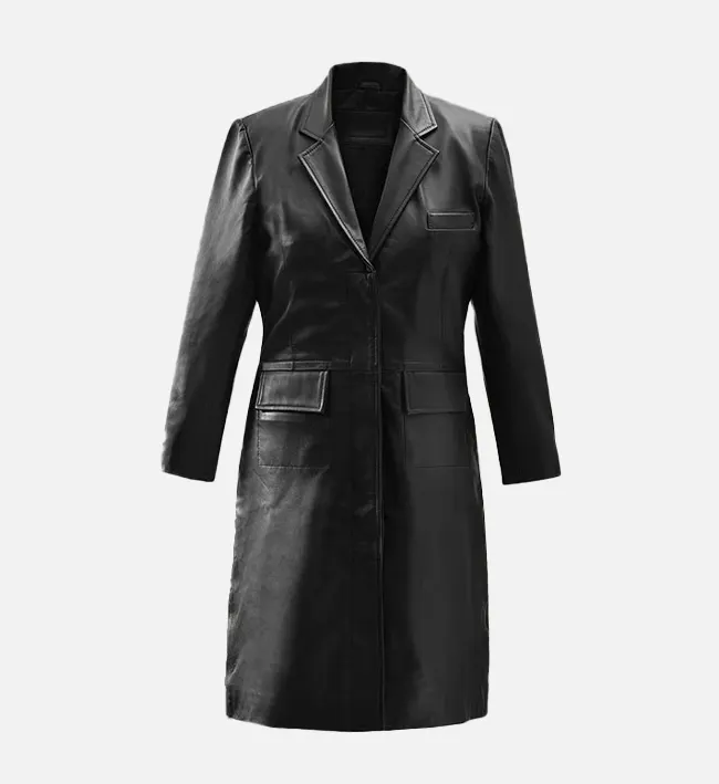 Women’s Black Leather Long Coat - Image 2