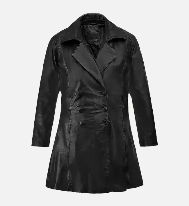 Women’s Black Leather Trench Coat – Classic Elegance in Every Detail