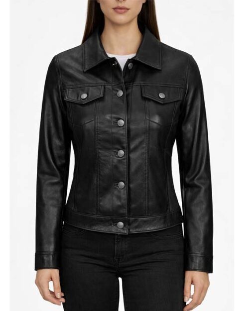 Women’s Black Trucker Leather Jacket