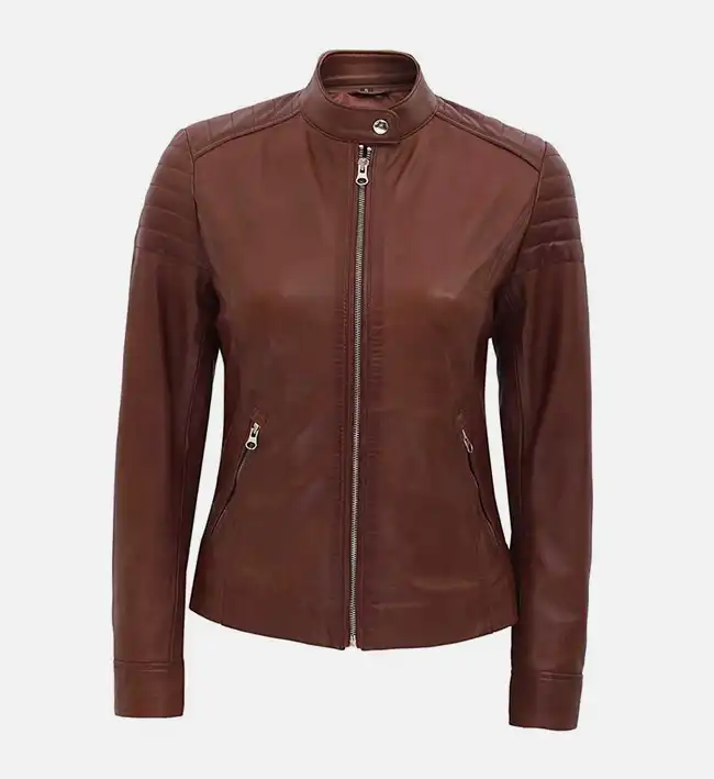 Women’s Brown Quilted Biker Leather Jacket – Premium Diamond-Stitch Design