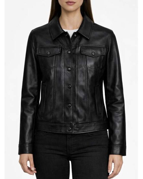 Women’s Black Leather Trucker Jacket