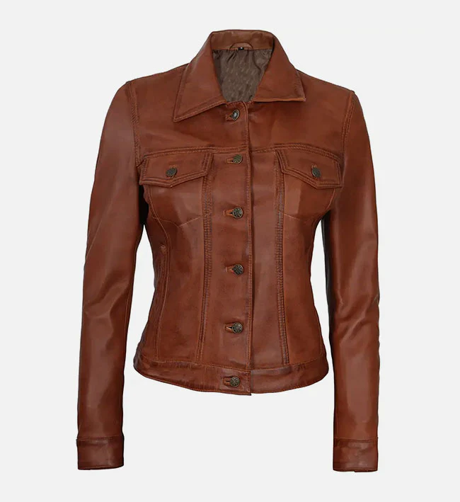 Women’s Cognac Brown Trucker Leather Jacket – Rich Tone, Effortless Style