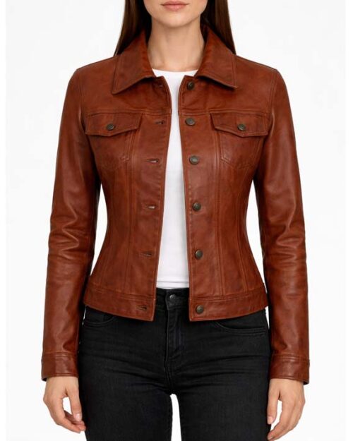 Women’s Cognac Brown Trucker Leather Jacket