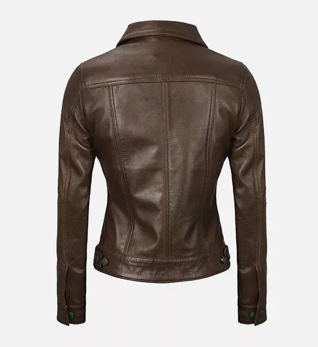 Women’s Dark Brown Leather Trucker Jacket - Image 3