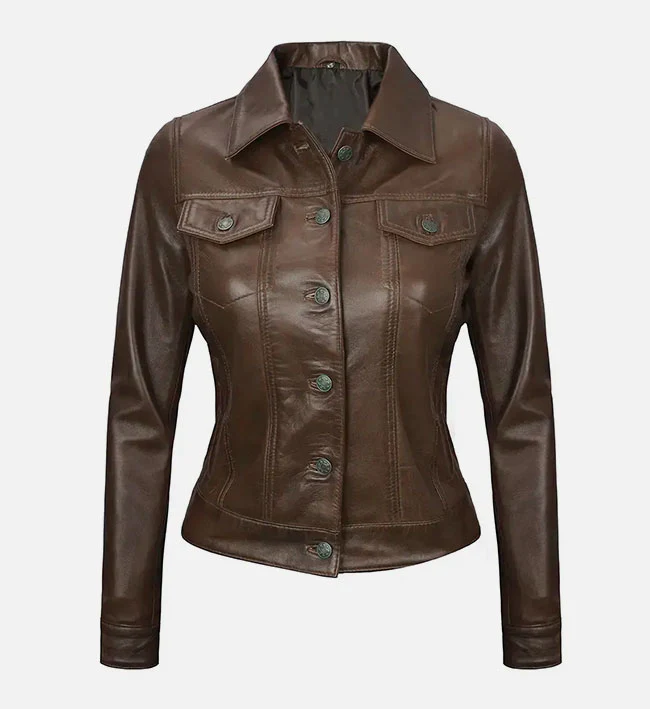 Women’s Dark Brown Leather Trucker Jacket – Classic Elegance, Modern Edge