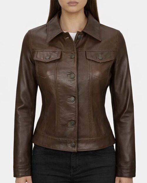 Women’s Dark Brown Leather Trucker Jacket