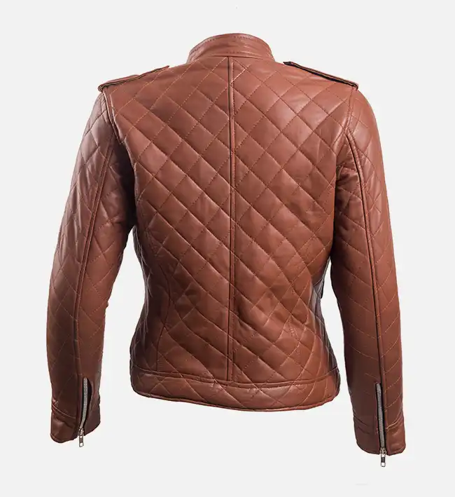 Women’s Diamond Quilted Brown Leather Puffer Jacket - Image 3