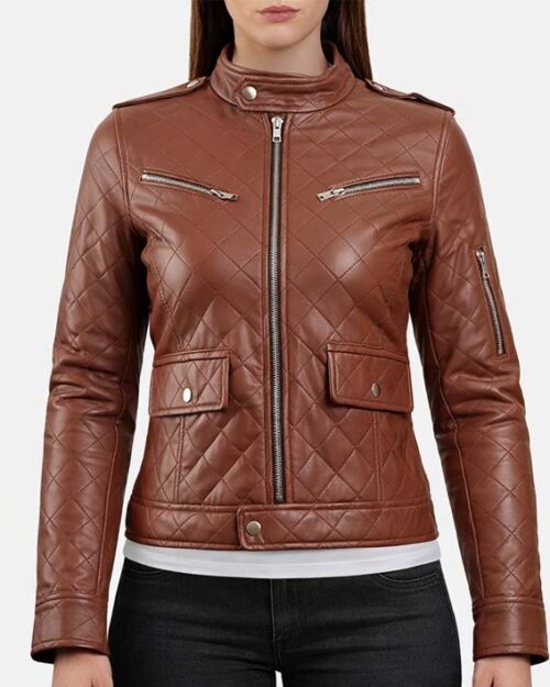 Women’s Diamond Quilted Brown Leather Puffer Jacket