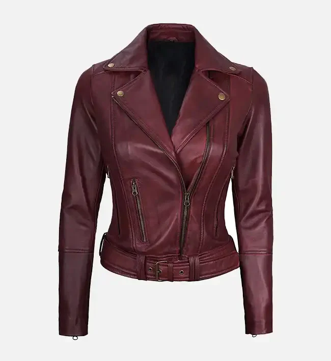 Women’s Maroon Leather Asymmetrical Motorcycle Jacket – Bold & Fearless