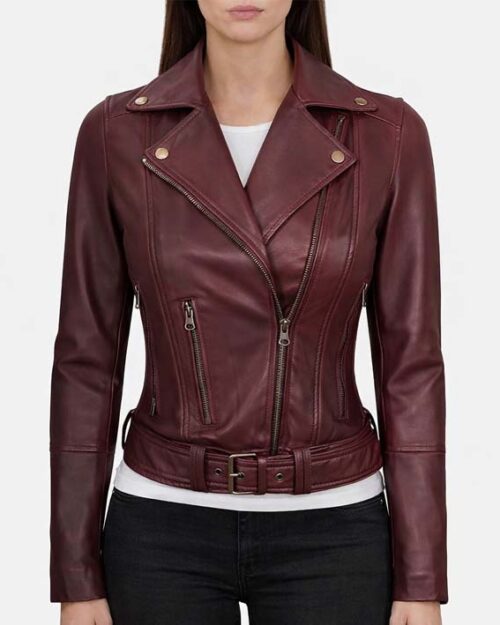 Women’s Maroon Asymmetrical Motorcycle Jacket