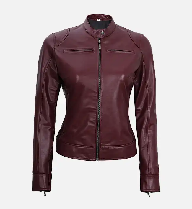 Women’s Maroon Leather Moto Jacket – Effortless Style with a Bold Edge