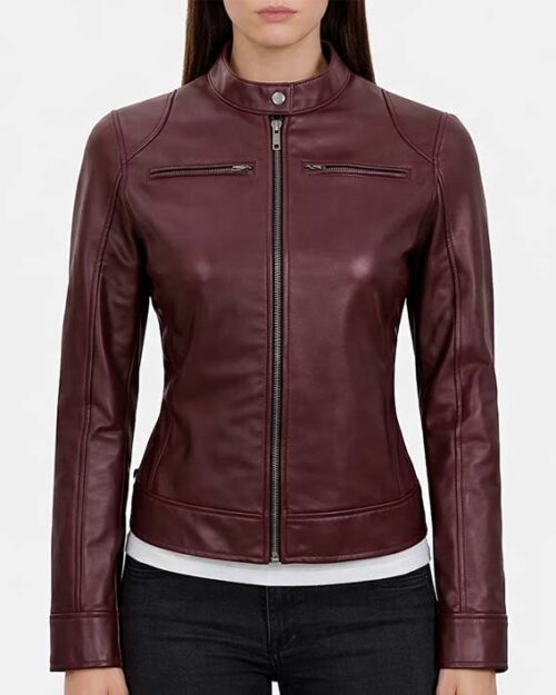 Women’s Maroon Leather Moto Jacket