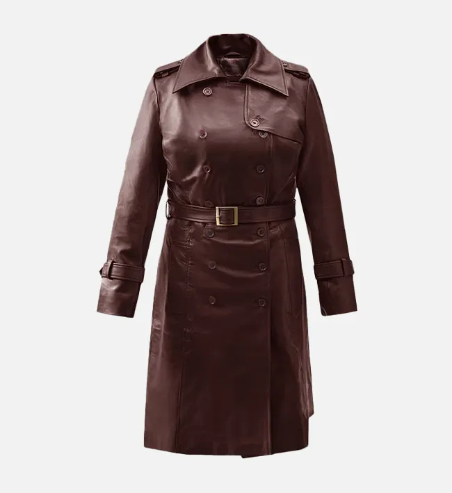 Women’s Maroon Wax Leather Trench Coat – Bold Elegance with a Glossy Finish