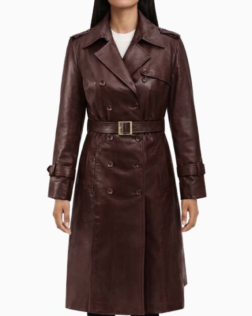 Women’s Maroon Wax Leather Trench Coat