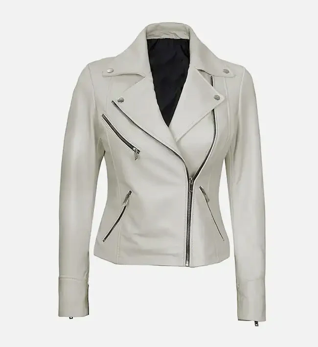 Women’s Moto Style White Leather Jacket – Elegant & Edgy Rider Look