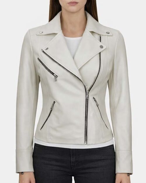 Women’s Moto Style White Leather Jacket – Elegant & Edgy Rider Look