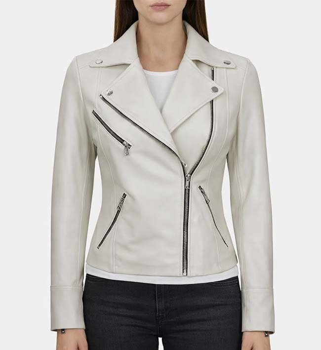Women’s Moto Style White Leather Jacket – Elegant & Edgy Rider Look