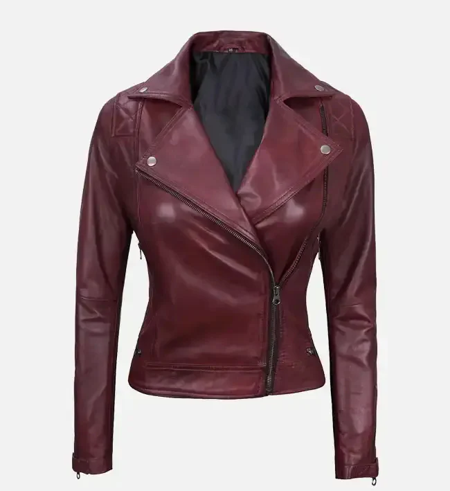 Women’s Quilted Maroon Leather Motorcycle Jacket - Image 2