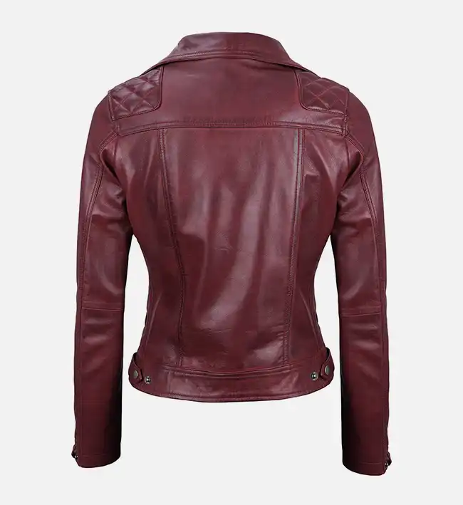 Women’s Quilted Maroon Leather Motorcycle Jacket - Image 3