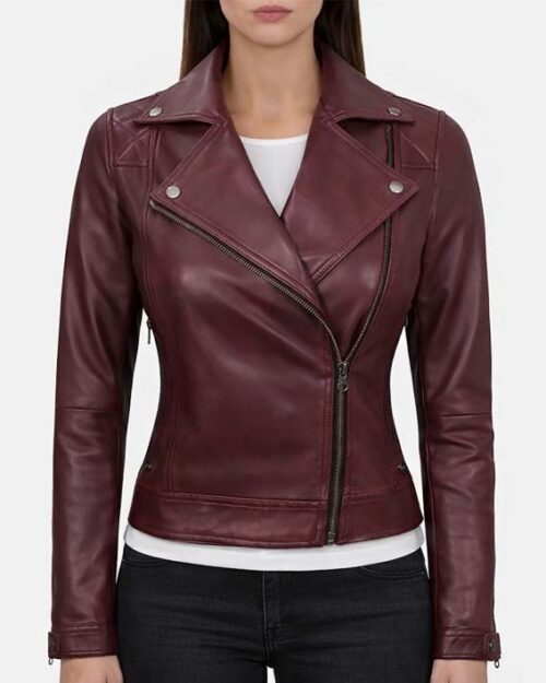 Women’s Quilted Maroon Leather Motorcycle Jacket