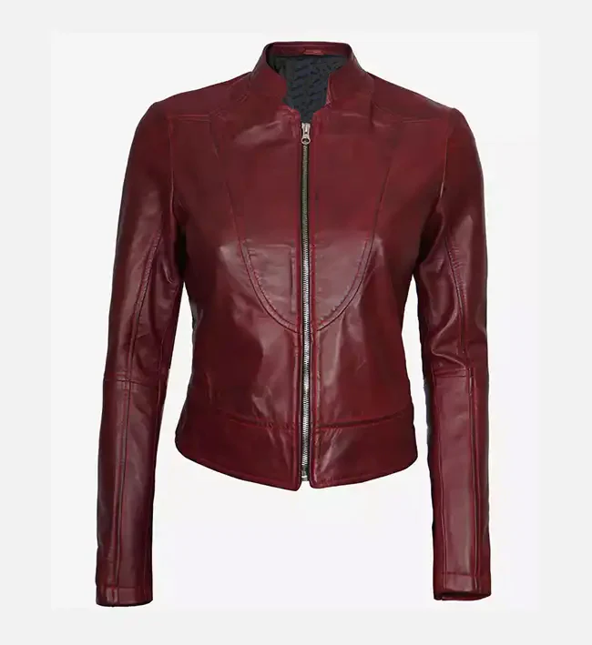 Women’s Slim Fit Maroon Leather Biker Jacket – Bold Fit, Timeless Appeal