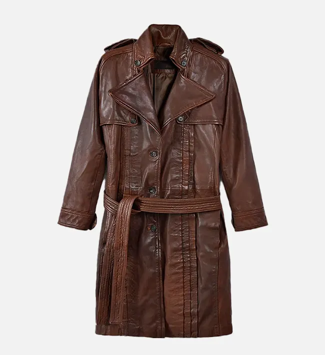 Women’s Spanish Brown Leather Long Coat – Elegant, Warm & Timeless Appeal