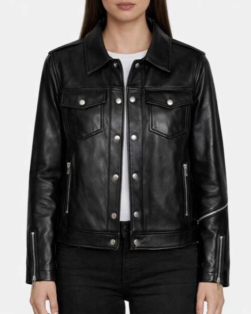 Women’s Trucker Zipper Black Leather Jacket