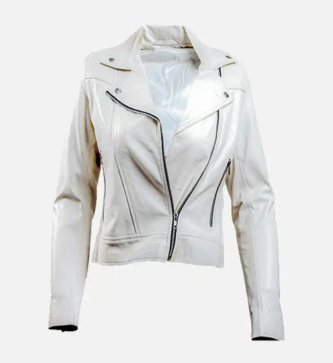 Women’s White Leather Biker Jacket – Modern Motorcycle Fashion