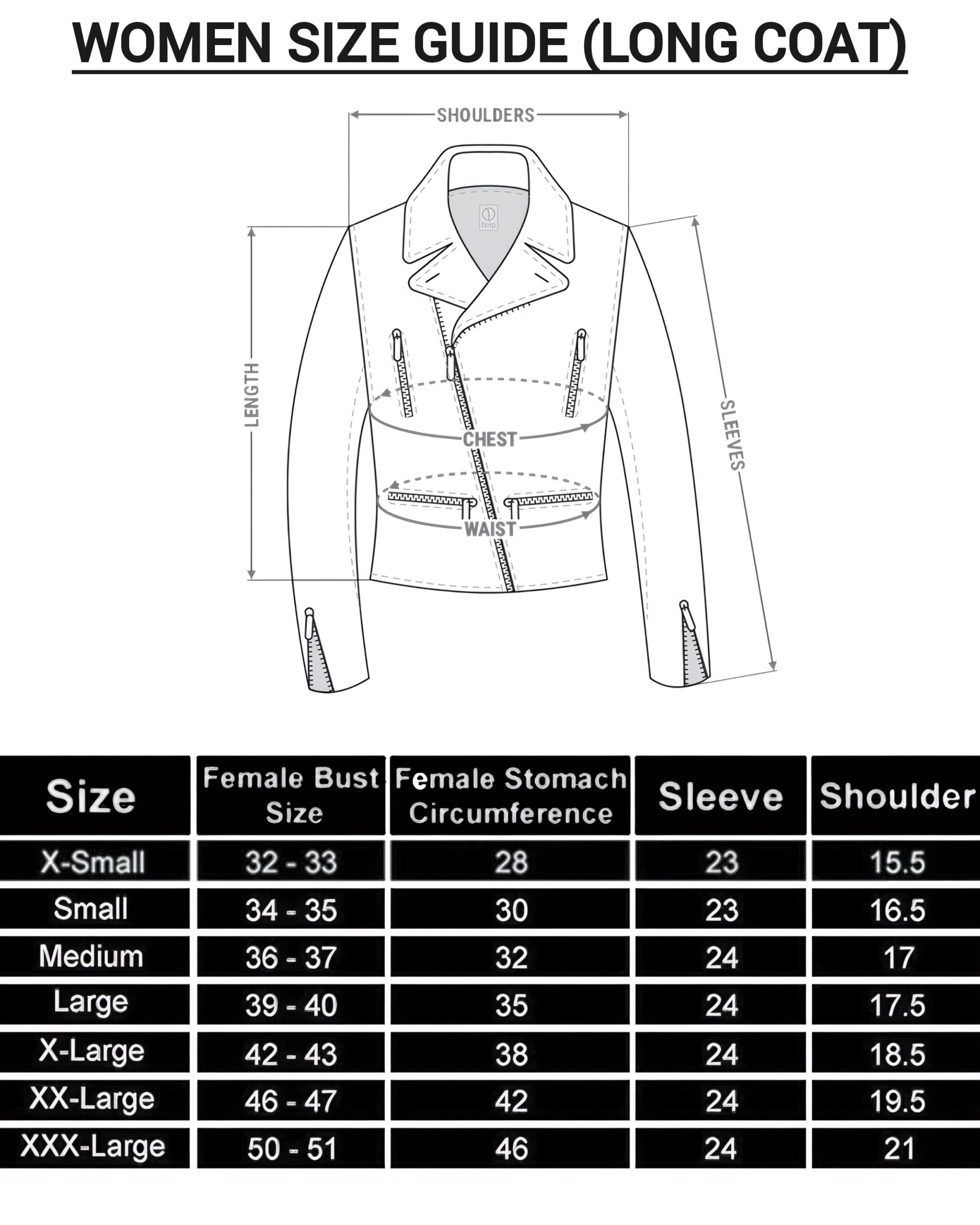 Leather Long Coats Size Chart